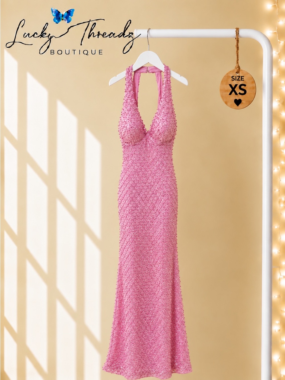 Windsor Pink Sequin Beaded Halter Maxi Dress Formal Prom Gown XS